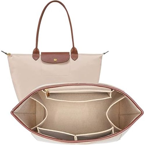 Felt Purse Organizer Insert for Longchamp Le Pliage L Bag Handbag Leather edge Longchamp Organizer Insert (Beige, Large)