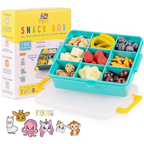 Travel Snack Box for Kids - Customizable Snackbox Container Organization System with Removable Dividers and Fun Silicone Character Decorations - Air-Tight Dishwasher-Friendly Toddler Food Containers