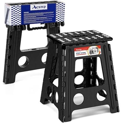 ACSTEP Folding Step Stool 16 Inch Heavy Duty Step Stool Foldable for Adults and Kids, Collapsible Stepping Stool with Handle, Non Slip Folding Stools for Kitchen Hold Up to 400lbs (Black 1PC)