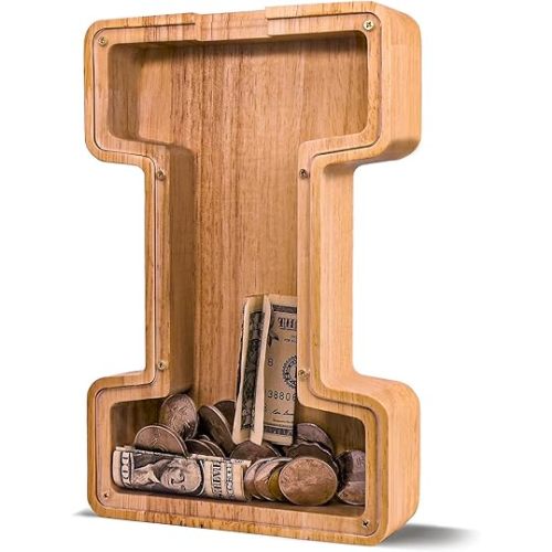 JOOMLAFLY Wooden Letter Piggy Bank for Kids Larger Letter Piggy Bank for Boys and Girls Personalized Piggy Bank Initial Coin Bank Wood Kids Money Bank for Birthday and Festival