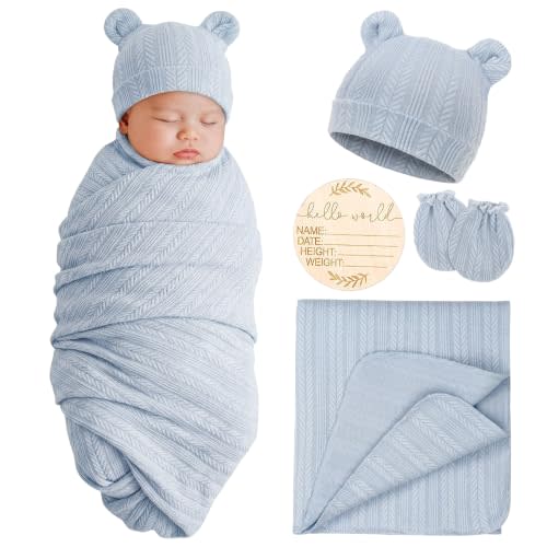 AQOKKA Newborn Receiving Blanket with Bow Hat Mittens Set Nursery Swaddle Wrap Toddler Swaddles for Newborn Baby Boy Girl
