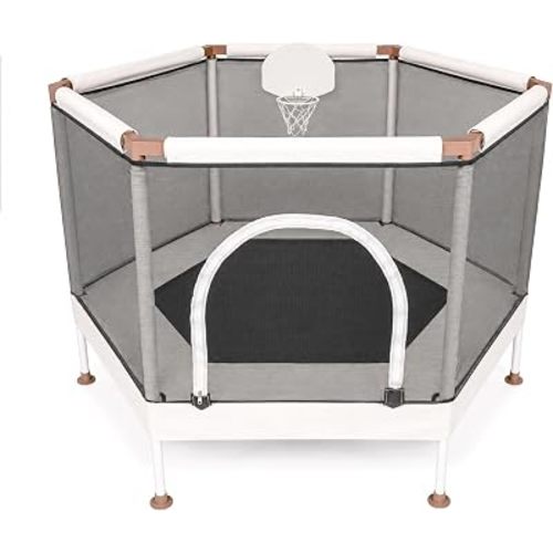 Kids Trampoline, Aesthetic Indoor and Outdoor Toddler Trampoline with Safety Net, Basketball Hoop, 220lb Capacity, Ultra Safe No-Gap Design, Gifts for Boys & Girls