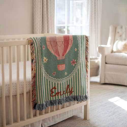 Personalized Hot Air Balloon Baby Blanket, Custom Name Blanket, Adventure Baby Gift, Neutral Nursery Throw, Baby Boy or Girl Blanket