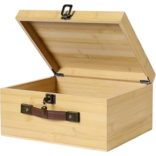 ANMINY Wooden Keepsake Memory Box with Locking Lid Bamboo Wood Storage Box with Hinged Lid & PU Leather Handles Large Decorative Wooden Chest Box for Crafts Stash Gifts - Natural, 12"L x 10"W x 6"H