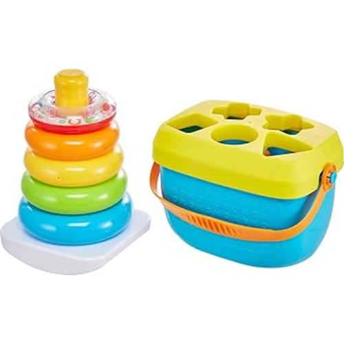 Fisher-Price Baby’s First Blocks & Rock-a-Stack Toy Set, Bucket of 10 Shapes & Ring Stacking Activity for Developmental Play Ages 6+ Months (Amazon Exclusive)