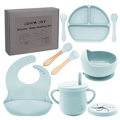 100% Silicone baby feeding set,BPA free Baby dishes set with Suction Bowl Divided Plate,Toddler Self Feeding Dish Set with Spoons Forks Sippy Cup And Bib, Baby Eating Utensils (Yellow)
