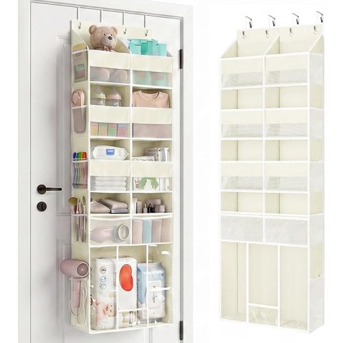 Yecaye 1 Pack Over the Door Nursery Organizer, 5-Tier Swing-Proof Back of Door Storage, Newborn Large Capacity Hanging Bathroom Organizers and Storage for Baby Essential Stuff, Diaper and Toy, Beige