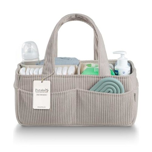 PUTSKA Baby Diaper Caddy Organizer for Changing Table – Stylish Nursery Storage Basket, Newborn Essentials, Baby Shower Gifts and Registry Must-Haves for Boy or Girl, Car Diaper Caddy, Corduroy Grey