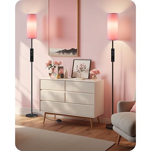 2 Pack Dimmable Pink Floor Lamps for Living Room with 2 Remotes and Foot Switch, Corner Floor Lamp, 66'' Standing Tall Lamp, 10W 900LM Bulb Included, 3000K-6500K, Linen Shade, FCC Listed P06LDP205W1