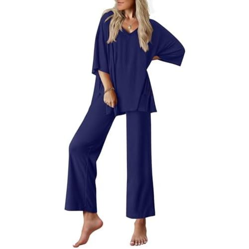 Ekouaer Lounge Sets for Women Short Sleeve Tops and Long Pants Pajamas Set