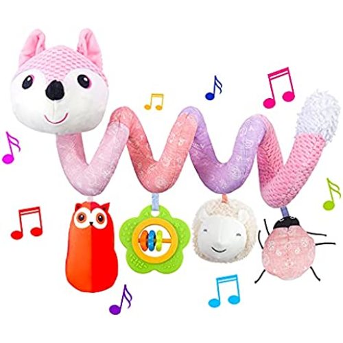 HILENBO Car Seat Toys, Infant Baby Pink Fox Spiral Activity Plush Hanging Toys for Car Seat Stroller Bar Crib Bassinet Mobile with Music Box BB Squeaker and Rattles（Pink）
