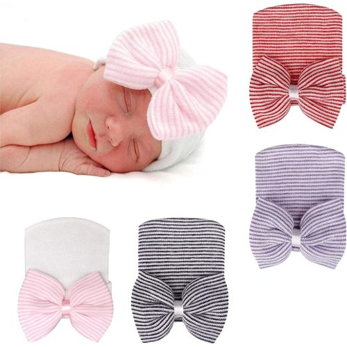 DRESHOW BQUBO 4 Pack Newborn Hospital Hat Infant Baby Hat Cap with Big Bow Soft Cute Knot Nursery Beanie