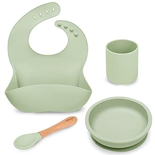 Baby Feeding Set, BPA free, Food Grade Silicone Dinner Plate and Cutlery Set, Learn To Eat on Your Own, Set Includes Suction Cup Bowl, Spoon, Bib and Cup (Fruit Green)