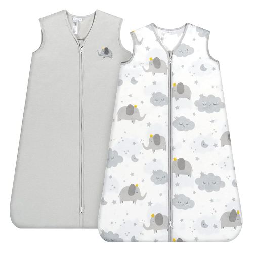 TILLYOU Sleep Sack 12-18 Months - 0.5 TOG Baby Wearable Blanket with 2-Way Zipper, Extra Soft Cotton Sleeveless Sleeping sack 2 Pack, Grey Elephant & Cloud