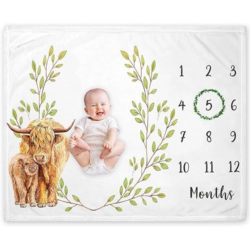 Yuzioey Highland Cow Milestone Blanket, Monthly Growth Chart, Watch Me Grow Nursery for New Moms Baby Shower (50"x40")