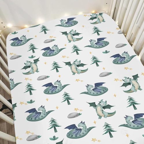 Fantasy Dragons Baby Crib Sheets for Boy Girl 28"x52" Fairytale Dragon Stars Trees Moon Clouds Soft Snug Fitted Crib Mattress Cover Cute Animal Nursery Baby Sheet for Crib & Toddler Bed Mattresses