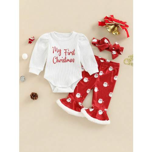 My First Christmas Baby Girl Outfit Long SleeveRibbed Romper And Santa Claus Print Flared Pants With Headband 3 6 12 18 Months Newborn 1st Christmas Clothes