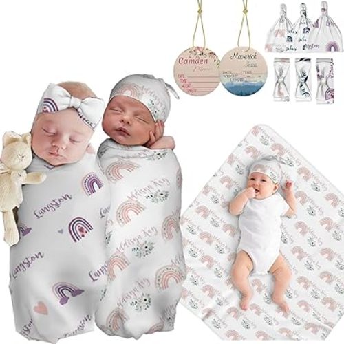 Personalized Baby Boy Swaddle Blanket, Personalized Baby Girl Blanket, Custom Baby Gifts, Newborn Swaddle Wrap (Rainbow)