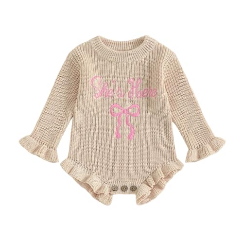 PUHHAPIEY Baby Girl Fall Winter Clothes Newborn She's Here Bow Embroidery Knit Sweater Romper Warm Casual Bodysuit