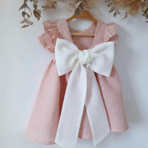Blush Pink Baby Girl Dress with White Bow, First Birthday Outfit, Cake Smash Dress, Handmade Linen Baby Photoshoot Dress.
