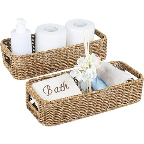 Small Wicker Basket for Toilet: Waterproof Storage Basket Organizing Over Tank Topper Tan 2pack