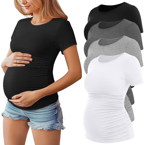 Huukeay 4 Pack Women's Maternity Shirts, Crew Neck Maternity Top Short Sleeve Casual Cotton Tee Side Ruched Pregnancy Clothes