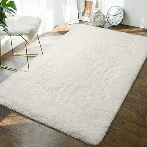 Andecor Soft Fluffy Bedroom Rugs, 3 x 5 Feet Indoor Shaggy Plush Area Rug for Boys Girls Kids Baby College Dorm Living Room Home Decor Floor Carpet, Cream White