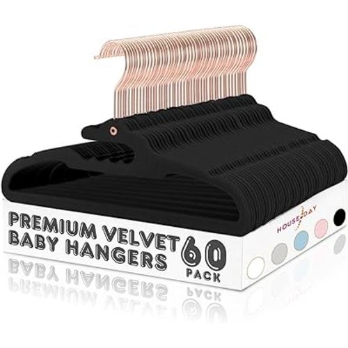 HOUSE DAY Premium Velvet Baby Hangers 60 Pack, 11.4'' Kids Velvet Hangers, Sturdy Baby Hangers for Closet, Black Baby Clothes Hangers, Toddler Hangers Infant Children Non Slip Hanger for Nursery Use