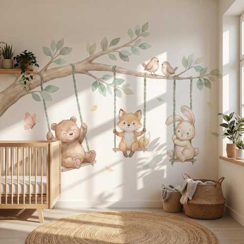 Woodland Wall Decal, Nursery Bear Fox Rabbit Tree Swing Stickers, Peel and Stick Kids Room Wall Art, Neutral Forest Nursery Decor