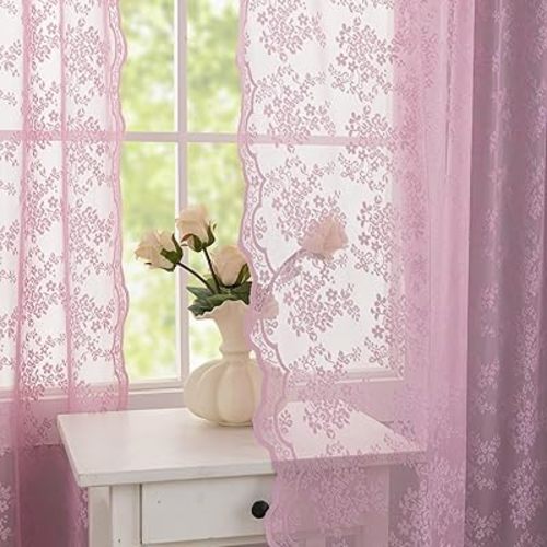 YJ YANJUN Vintage Lace Curtains 84 Inches Long-Victorian Floral Pattern Lilac Sheer Curtain Panels for Living Room Bedroom,Light Filtering, Cute Girls Drapes 2 Panels 52W x 84L Purple Blush