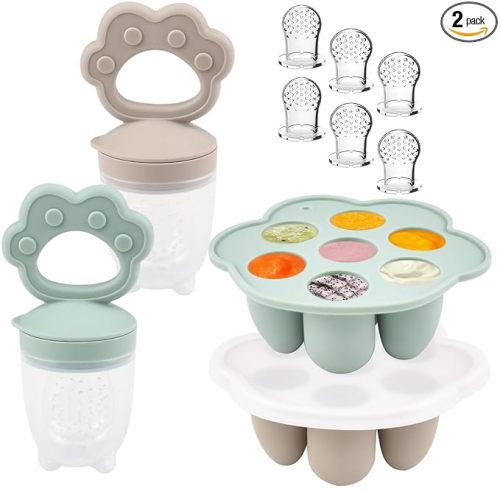 Ginbear Silicone Baby Fruit Food Feeder & Freezer Tray (Set of 2), Infant Teething Feeder Pacifiers with Baby Popsicle Molds Combo 4 Months+ (Hazy Green/Almond)