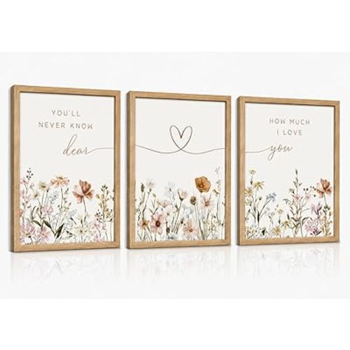 3Pcs Framed Boho Nursery Wall Art Flower Botanical Sentence Painting Picture Wall Decor Wildflower Children's Room Poster Print Artwork for Nursery Baby Room Living Room Bedroom Home Decoration