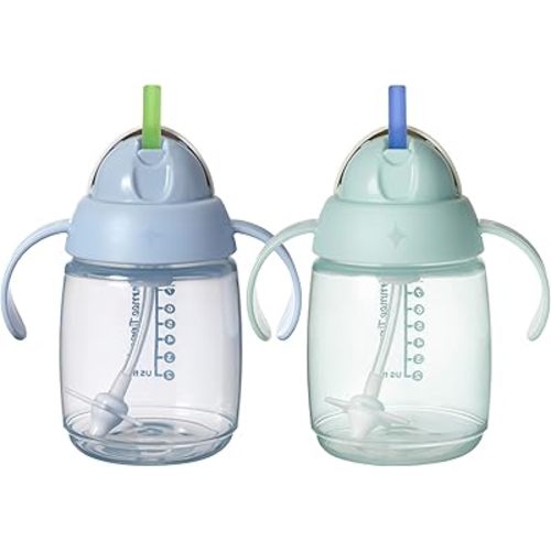 Tommee Tippee Starter Weighted Straw Baby & Toddler 10oz Sippy Cup for 6 Months+, with Silicone Weighted Straw and Easy-Hold Handles, BPA Free, Blue & Green, Pack of 2