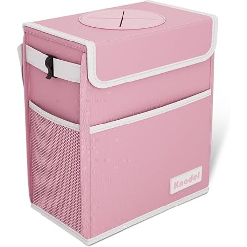 K KNODEL Car Trash Can, Waterproof Garbage Bag with Lid, Leak-Proof Trash Bin, Car Bin Hanging (Pink, Large)