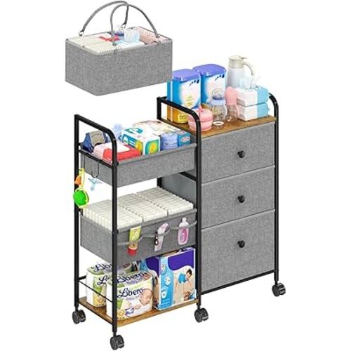 2In1 Baby Diaper Caddy Organizer and Storage, 3 Tier Rolling Cart with Dividers and Drawers, Mobile Utility Cart Baby Dresser Clothes Organizer for Changing Table, Crib Nursery, Bedroom, Grey