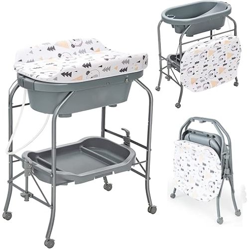 HONEY JOY 2-in-1 Baby Bathtub & Changing Table, Foldable Infant Diaper Changing Station with Wheels, Storage Tray, Waterproof Pad, Portable Newborn Nursery Organizer Bath Stand for Boys Girls (Gray)