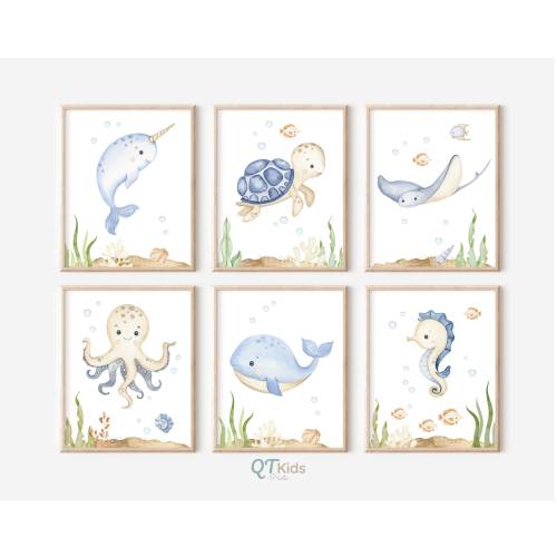 Under the Sea Nursery Prints, Sea Animal Wall Art, Boy Nursery Prints, Blue Ocean Nursery Decor, Nautical Boy Room Prints, DIGITAL DOWNLOAD