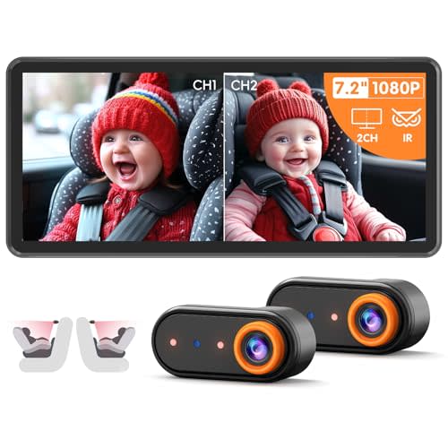 LUCKVIEW BM5PRO 7.2" 1080P HD Baby Car Camera for 2 Kids, Split Screen with IR Night Vision, Easy to Install & Adjust Brightness, Dual Car Camera Baby Monitor for Rear Seat Safety