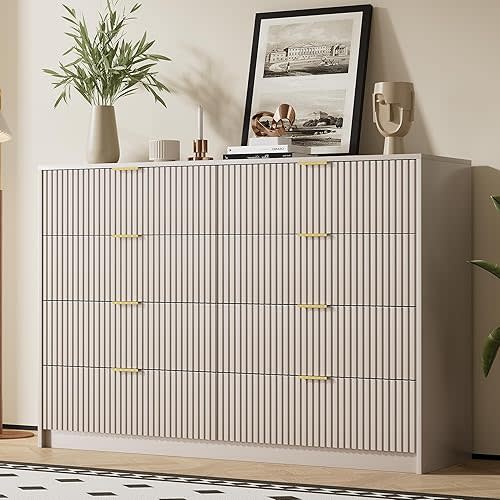Beige Dresser for Bedroom, Modern Dresser with 8 Drawers and Smooth Slides, Wide Chest of Drawers with Golden Handles for Bedroom, Closet, 15.7" D x 55" W x 37.4" H