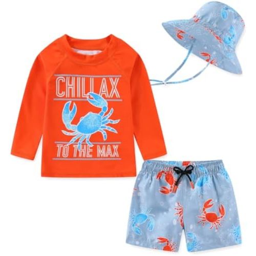 Baby Boys Toddler Long Sleeve Rashguard Set Swimsuit Bathing Suit with Sun Hat