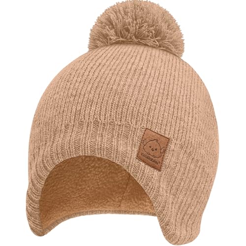 Baby Beanie Winter Hat 6-36 Months - Cute Pom Winter Baby Hats with Earflaps, Soft & Stretchy Knit Toddler Beanies for Infant, Newborn 6-36 Months Boys, Girls, Cozy, Warm Fall Essentials (Dune, M)