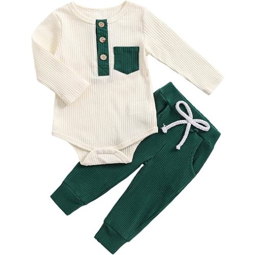 fhutpw Baby Boy Clothes 3 6 12 18 Months Ribbed Knitted Long Sleeve Romper and Pants Sets Newborn Fall Splicing Color Outfits