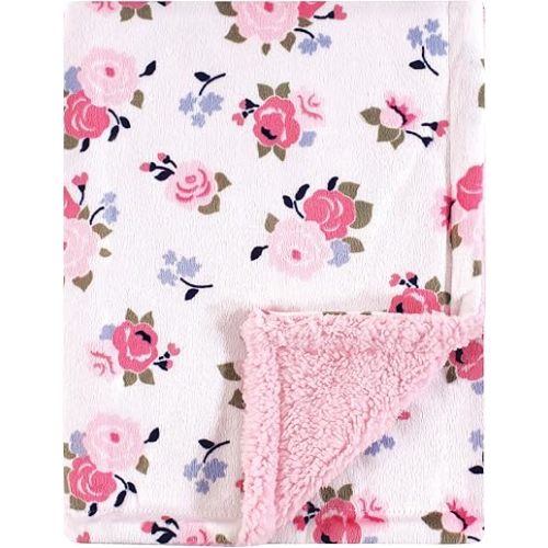 Luvable Friends Unisex Baby Plush Blanket with Sherpa Back, Pink Floral, One Size