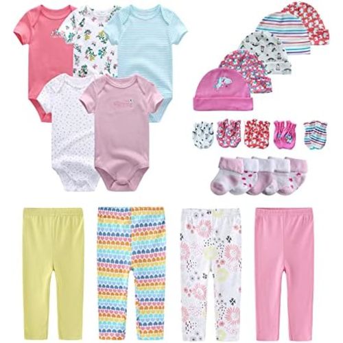 Newborn Layette Gift Set Bodysuits Pants for Baby Girl and Boy 24 Piece 100% Cotton Essentials and Accessories