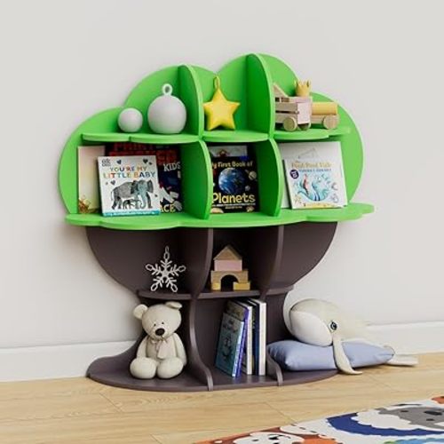 Green Tree Kids Bookshelf Toddler Bookcase 4-Tier Baby Book Rack Children Toy Storage Organizer Forest Wood Display Shelf for Nursery Playroom Bedroom Classroom School Homeschooling Boy Girl’s Gift