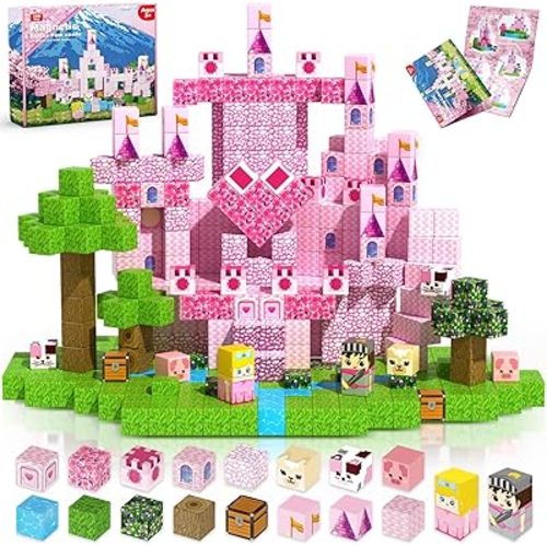 Magnetic Blocks - 100PCS Magnetic Building Block for Kids, Build Pink Princess Castle Magnet Cubes Sets, Princess Toys for Girls Ages 3 4 5 6 7 8-12 Easter Birthday Gifts Construction STEM Toys