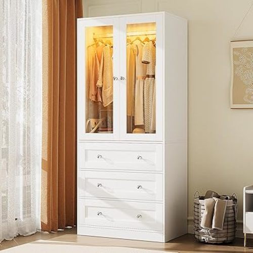 VOWNER 75" Tall Armoire Wardrobe Closet with Drawers & Lights, Clothing Storage Cabinet with 2 Glass Doors & Hanging Rod, Wooden Armoire Storage Cabinet for Bedroom