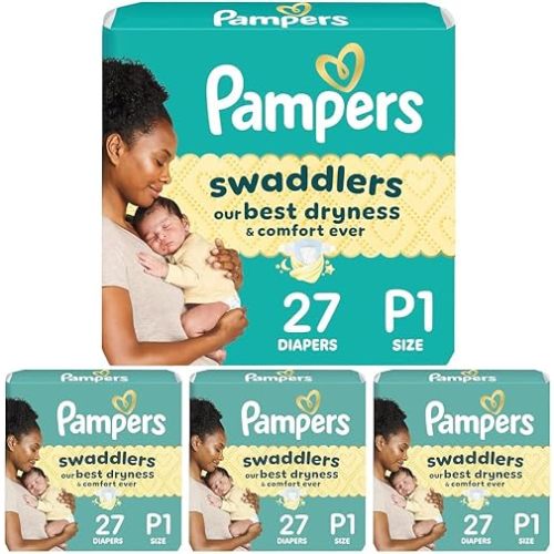 Pampers Swaddlers Diapers, Size P1 (<6 Ibs), Hypoallergenic, Absorbent, Keeps Baby Dry and Comfortable, Skin Safe Disposable Preemie Diaper 27 Count (Pack of 4)