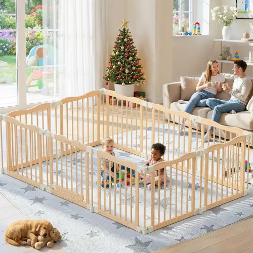 Foldable Wooden Playpen - Adjustable Wood Baby Play Yard with Door, Indoor Large Safety Fence for Babies and Toddlers - Easy Assembly, 83 x 55 x 24 inches, Nature Nest