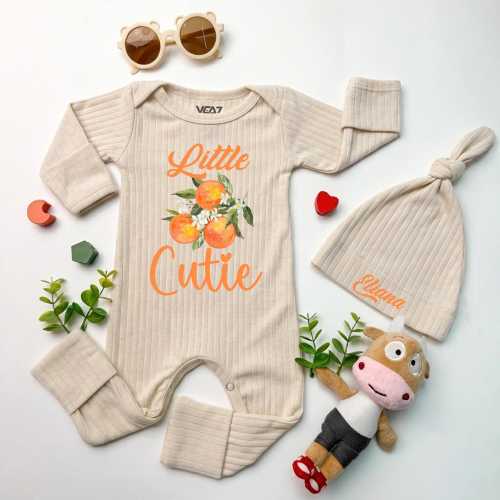 Little Cutie Baby Bodysuit and Hat, Retro Orange Baby Bodysuit, Cute Fruit Going Home Outfit, Baby Shower Gift, Cute Fruit Baby Gift